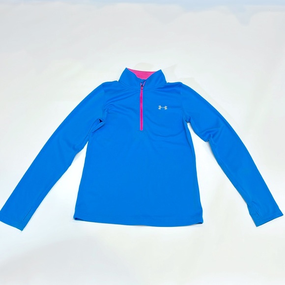 Under Armour Kids Quarter Zip Long Sleeve Shirt Blue Pink Neon Girls Collar Play - Picture 1 of 7